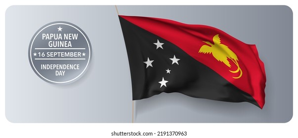 Papua New Guinea independence day vector banner, greeting card. Guinean wavy flag in 16th of September national patriotic holiday horizontal design