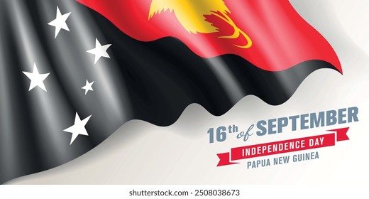 Papua New Guinea independence day vector banner, greeting card. Papuan wavy flag in 16th of September national patriotic holiday horizontal design