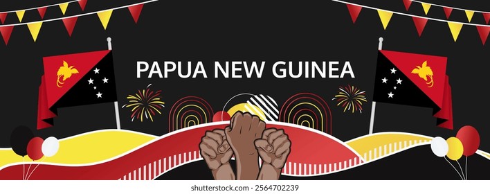 Papua New Guinea Independence Day greeting banner. September 16th is celebrated as Papua New Guinea National Day annually. Unique template with flag and raised fist. Papua Day illustration concept.