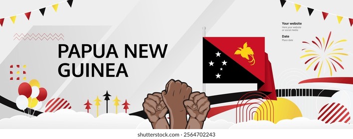 Papua New Guinea Independence Day greeting banner. September 16th is celebrated as Papua New Guinea National Day annually. Unique template with flag and raised fist. Papua Day illustration concept.