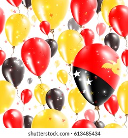 Papua New Guinea Independence Day Seamless Pattern. Flying Rubber Balloons in Colors of the Papua New Guinean Flag. Happy Papua New Guinea Day Patriotic Card with Balloons, Stars and Sparkles.