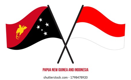 Papua New Guinea and Indonesia Flags Crossed & Waving Flat Style. Official Proportion. Correct Colors.