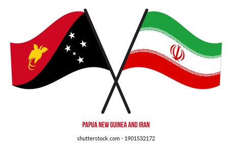 Papua New Guinea and Iran Flags Crossed And Waving Flat Style. Official Proportion. Correct Colors.