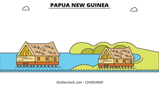 Papua New Guinea line skyline vector illustration. Papua New Guinea linear cityscape with famous landmarks, city sights, vector, design landscape.