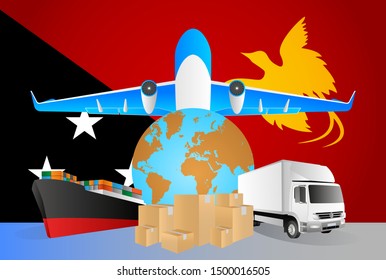 Papua New Guinea logistics concept illustration. National flag of Papua New Guinea from the back of globe, airplane, truck and cargo container ship