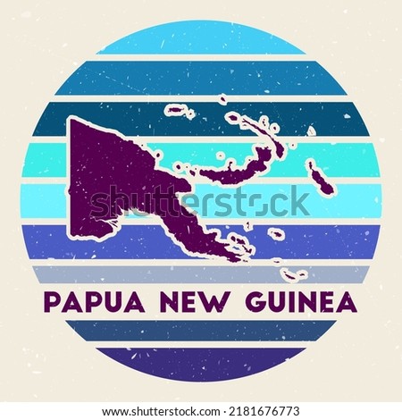 Papua New Guinea logo. Sign with the map of the country and colored stripes, vector illustration. Can be used as insignia, logotype, label, sticker or badge of Papua New Guinea.