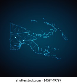 Papua New Guinea Map - Abstract geometric mesh polygonal network line, structure and point scales on dark background with lights in the form of cities. Vector illustration eps 10.