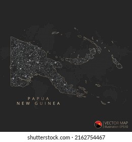 Papua New Guinea map abstract geometric mesh polygonal light concept with black and white glowing contour lines countries and dots on dark background. Vector illustration.