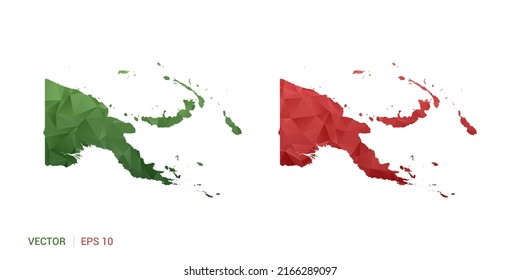 Mapa de Papúa Nueva Guinea del conjunto abstracto de polígonos vectores color verde y rojo de la pareja.