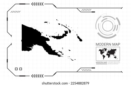 Mapa de Papúa Nueva Guinea del marco digital negro HUD, GUI, interfaz de interfaz de interfaz de usuario vector de radar.