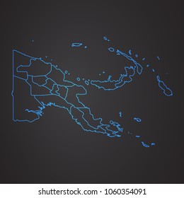 Papua New Guinea map: blue glitter outline with sparkling stars on dark background. Detailed map of Papua New Guinea. Vector illustration.