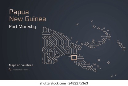 Papua New Guinea, Map with a capital of Port Moresby Shown in a Microchip Pattern. E-government. World Countries vector maps. Microchip Series	