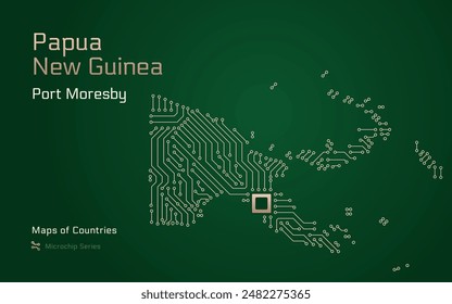 Papúa Nueva Guinea, Mapa con la capital de Puerto Moresby Mostrado en un Patrón de Microchip. Gobierno electrónico. Mapas de Vector de Países Mundiales. Serie de microchips	