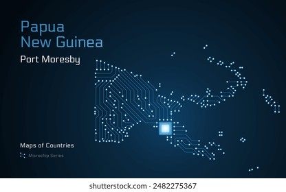 Papúa Nueva Guinea, Mapa con la capital de Puerto Moresby Mostrado en un Patrón de Microchip. Gobierno electrónico. Mapas de Vector de Países Mundiales. Serie de microchips	