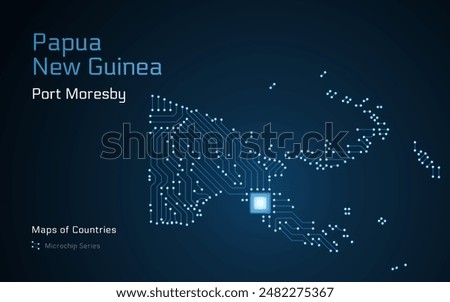 Papua New Guinea, Map with a capital of Port Moresby Shown in a Microchip Pattern. E-government. World Countries vector maps. Microchip Series	