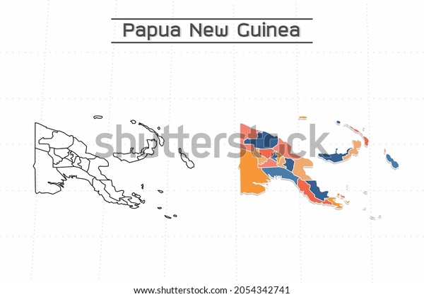 Papua New\
Guinea map city vector divided by colorful outline simplicity\
style. Have 2 versions, black thin line version and colorful\
version. Both map were on the white\
background.