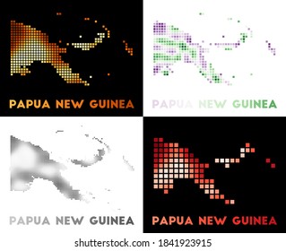 Mapa de Papúa Nueva Guinea. Colección de mapas de Papúa Nueva Guinea en estilo punteado. Las fronteras del país están llenas de rectángulos para su diseño. Ilustración vectorial.