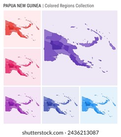 Papua New Guinea map collection. Country shape with colored regions. Deep Purple, Red, Pink, Purple, Indigo, Blue color palettes. Border of Papua New Guinea with provinces for your infographic.