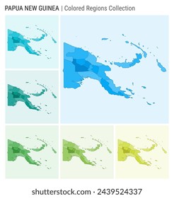 Papua New Guinea map collection. Country shape with colored regions. Light blue, cyan, teal, green, light green, lime color palettes. Border of Papua New Guinea with provinces for your infographic.