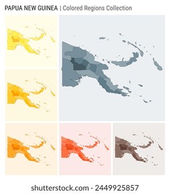 Papua New Guinea map collection. Country shape with colored regions. Blue Grey, Yellow, Amber, Orange, Deep Orange, Brown color palettes.