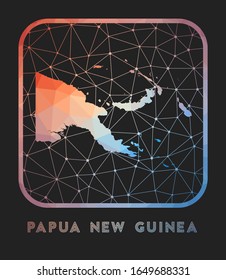 Diseño del mapa de Papúa Nueva Guinea. Mapa vectorial de polos bajos del país. Icono de Papúa Nueva Guinea en estilo geométrico. Forma de país con gradiente policéntrico y malla en fondo oscuro.