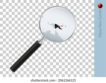Papua New Guinea map with flag in magnifying glass on transparent background. Vector loupe with map.