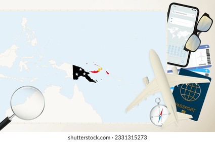 Papua New Guinea map and flag, cargo plane on the detailed map of Papua New Guinea with flag, passport, magnifying glass and airplane. Vector template.