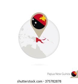 Papua New Guinea map and flag in circle. Map of Papua New Guinea, Papua New Guinea flag pin. Map of Papua New Guinea in the style of the globe. Vector Illustration.