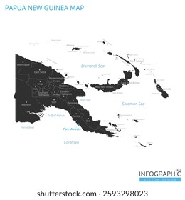 Papua New Guinea map high detailed with administrative divide by state, capital cities names, outline simplicity style. Vector illustration EPS10.