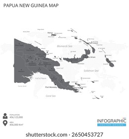 Mapa de Papua Nova Guiné altamente detalhado com regiões e cidades do país sobre fundo branco. Ilustração vetorial EPS10.