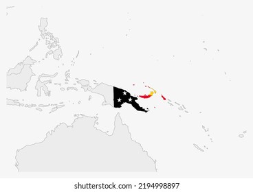 Mapa de Papúa Nueva Guinea resaltado en los colores de la bandera de Papúa Nueva Guinea, mapa gris con los países vecinos.