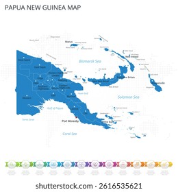 Papua New Guinea Map - Infographic detailed map with regions and cities of the country. Vector illustration EPS10.