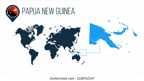 Papua New Guinea map located on a world map with flag and map pointer or pin. Infographic map. Vector illustration isolated on white background.