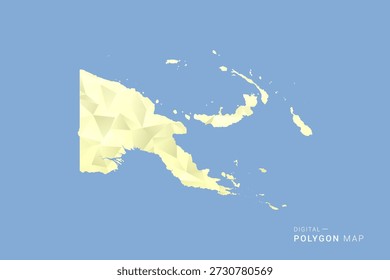 Papúa Nueva Guinea Mapa en estilo de Vector de polígono bajo, ilustración de forma geométrica con tonos amarillos suaves sobre fondo azul, silueta limpia para infografía.