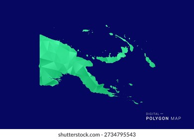 Papua-Neuguinea-Karte - Low-Poly-Polygon-Vektor, geometrische dreieckige Silhouette in Grün- und Blautönen, sauberer moderner Stil, isolierter Hintergrund für Infografik.