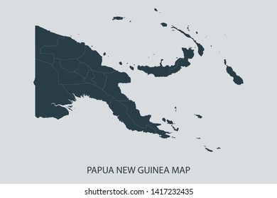 Papua New Guinea map on gray background vector, Papua New Guinea Map Outline Shape Gray on White Vector Illustration, Map with name. Map of Oceania. Symbol for your web site design logo. Eps10.