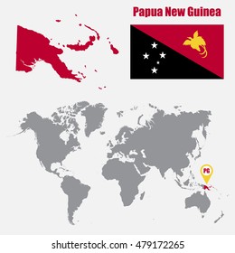 Papua New Guinea map on a world map with flag and map pointer. Vector illustration