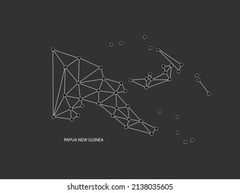 Papua New Guinea Map Point scales on black background. Wire frame polygonal network white line, dot and shadow dot.