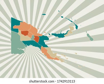 Papua New Guinea map. Poster with map of the country in retro color palette. Shape of Papua New Guinea with sunburst rays background. Vector illustration.