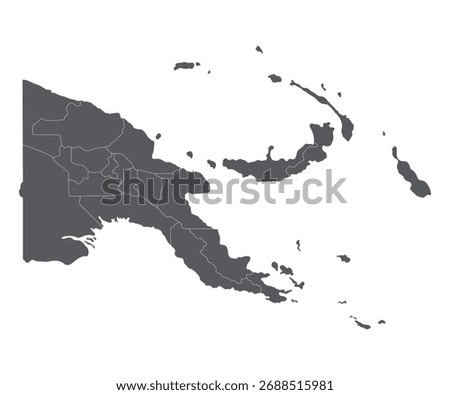 Papua New Guinea map regions. Map of Papua New Guinea regions in grey color