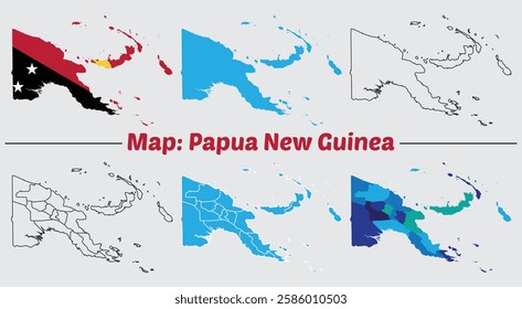 Papua New Guinea map with sunbeams on white background. Flat map of Papua New Guinea with flag.