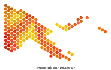 Papua New Guinea map. Vector hex tile territorial scheme in flame color tinges. Impressive Papua New Guinea map composition is designed of burn honeycomb dots.