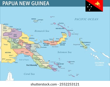 Papua New Guinea Map Vector New 2024 Colorful - Customizable layered political map of Papua New Guinea with administrative divisions for website, education, reports, news, politics, print, poster