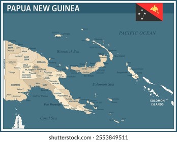 Papua New Guinea Map Vector Vintage Dark Blue Beige - Customizable layered political map of Papua New Guinea with administrative divisions for website, education, reports, news, politics, print, poste