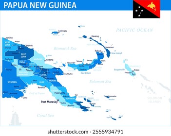 Papua New Guinea Map Vector Blue Spot - Customizable layered political map of Papua New Guinea with administrative divisions for website, education, reports, news, politics, print, poster