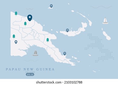 Mapa de Papúa Nueva Guinea - Mapa Mundial Plantilla vectorial Internacional Alto detalle con color blanco aislado en fondo azul incluyendo punto de ubicación simple, icono de árbol - Ilustración vectorial eps 10