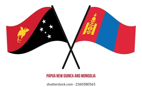 Banderas de Papúa Nueva Guinea y Mongolia cruzan el estilo plano de ondulación. Proporción oficial. Colores correctos.