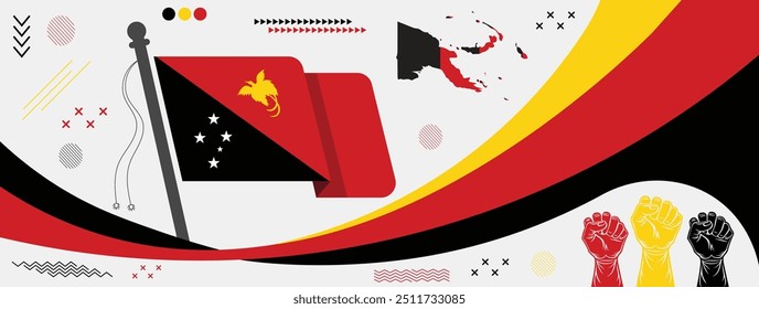 Papúa Nueva Guinea día nacional, Papúa Nueva Guinea bandera y mapa con puños levantados, Papúa Nueva Guinea día de independencia