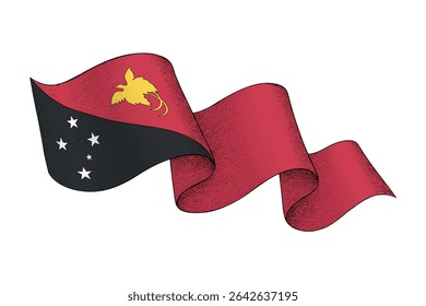 Papua New Guinea national flag waving ribbon shape with engraved vintage texture