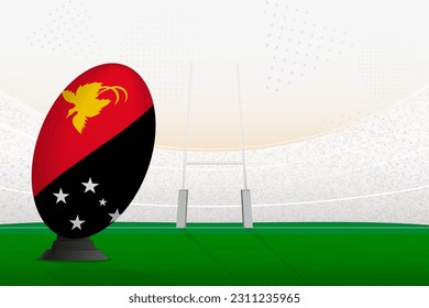 Selección nacional de Papúa Nueva Guinea pelota de rugby en estadio de rugby y puestos de gol, preparándose para un penal o patada libre. Ilustración vectorial.